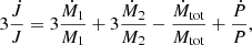 Mathematical equation: $$ \begin{aligned} 3\frac{\dot{J}}{J} = 3\frac{\dot{M}_1}{M_1} + 3\frac{\dot{M}_2}{M_2} - \frac{\dot{M}_{\mathrm{tot}}}{M_{\mathrm{tot}}} + \frac{\dot{P}}{P}, \end{aligned} $$