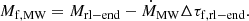 Mathematical equation: $$ \begin{aligned} M_{\mathrm{f,MW}} = M_{\mathrm{rl-end}} - \dot{M}_{\mathrm{MW}} \Delta \tau _{\mathrm{f,rl-end}}. \end{aligned} $$