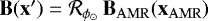 Mathematical equation: $\mathbf{B}(\mathbf{x}\prime) = \mathcal{R}_{\phi_{\odot}} \, \mathbf{B}_{\rm{AMR}}(\mathbf{x}_{\rm{AMR}})$