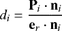 Mathematical equation: \begin{equation*} d_i = \frac{\mathbf{P}_i \cdot \mathbf{n}_i}{\mathbf{e}_r \cdot \mathbf{n}_i}\end{equation*}