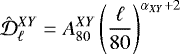 Mathematical equation: \begin{equation*} \hat{\mathcal{D}}^{XY}_{\ell} = A_{80}^{XY} \left(\frac{\ell}{80} \right)^{\alpha_{XY} + 2} \end{equation*}