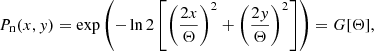 Mathematical equation: $$ \begin{aligned} P_{\rm n}(x,{ y})= \exp {\left(-\ln 2 \left[\left(\frac{2x}{\Theta }\right)^2+\left(\frac{2{ y}}{\Theta }\right)^2\right]\right)}= G[\Theta ], \end{aligned} $$