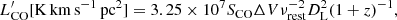 Mathematical equation: $$ \begin{aligned} L^\prime _{\rm CO}[\mathrm{K\,km\,s^{-1}\,pc^{2}}] = 3.25 \times 10^7 S_{\rm CO}\Delta V\nu _{\rm rest}^{-2}D_{\rm L}^2(1+z)^{-1}, \end{aligned} $$