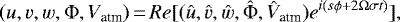 Mathematical equation: \begin{equation*}(u, v, w, \Phi, V_{\textrm{atm}}) \,{=}\, Re[(\hat{u}, \hat{v}, \hat{w}, \hat{\Phi}, \hat{V}_{\textrm{atm}})e^{i(s\phi+2\Omega\sigma t)}],\end{equation*}