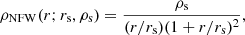 Mathematical equation: $$ \begin{aligned} \rho _{\mathrm{NFW} }(r;r_{\rm s},\rho _{\rm s}) = \frac{\rho _{\rm s}}{(r/r_{\rm s})(1 + r/r_{\rm s})^2}, \end{aligned} $$