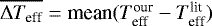 Mathematical equation: $\overline{\Delta T_{\textrm{eff}}} = \textrm{mean} (T_{\textrm{eff}}^{\textrm{our}} - T_{\textrm{eff}}^{\textrm{lit}})$
