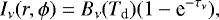 Mathematical equation: \begin{equation*} I_{\nu}(r,\phi)=B_{\nu}(T_{\textrm{d}})(1-\textrm{e}^{-\tau_{\nu}}),\end{equation*}