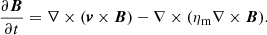 Mathematical equation: $$ \begin{aligned} \dfrac{\partial \boldsymbol{B}}{\partial t}=\nabla \times (\boldsymbol{v} \times \boldsymbol{B})-\nabla \times (\eta _{\rm m}\nabla \times \boldsymbol{B}). \end{aligned} $$