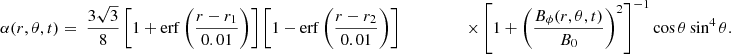 Mathematical equation: $$ \begin{aligned}&\alpha (r,\theta ,t)=\;\dfrac{3\sqrt{3}}{8}\left[1+\mathrm{erf}\left(\dfrac{r-r_1}{0.01}\right)\right]\nonumber \left[1-\mathrm{erf}\left(\dfrac{r-r_2}{0.01}\right)\right] &\qquad \qquad \times \left[1+\left(\dfrac{B_\phi (r,\theta ,t)}{B_0}\right)^2\right]^{-1}\cos {\theta }\sin ^4\theta . \end{aligned} $$