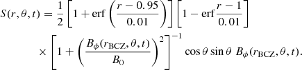 Mathematical equation: $$ \begin{aligned}&S(r,\theta ,t)=\dfrac{1}{2}\left[1+\mathrm{erf}\left(\dfrac{r-0.95}{0.01}\right)\right]\left[1-\mathrm{erf}\dfrac{r-1}{0.01}\right]\\&\qquad \qquad \times \left[1+\left(\dfrac{B_\phi (r_{\rm BCZ},\theta ,t)}{B_0}\right)^2\right]^{-1}\cos \theta \sin \theta \;B_\phi (r_{\rm BCZ},\theta ,t).\nonumber \end{aligned} $$
