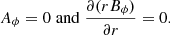 Mathematical equation: $$ \begin{aligned} A_\phi =0 \; \mathrm{and} \; \dfrac{\partial (rB_\phi )}{\partial r}=0. \end{aligned} $$