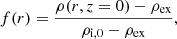 Mathematical equation: $$ \begin{aligned} f(r) = \frac{\rho (r,z=0)-\rho _{\rm {ex}}}{\rho _{\rm {i,0}}-\rho _{\rm {ex}}}, \end{aligned} $$