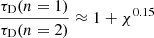 Mathematical equation: $$ \begin{aligned} \frac{\tau _{\rm {D}}(n = 1)}{\tau _{\rm {D}}(n = 2)} \approx 1 + \chi ^{0.15} \end{aligned} $$
