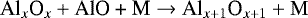 Mathematical equation: \begin{equation*}\centering{\textrm{Al}_{x}\textrm{O}_{x} + \textrm{AlO + M} \rightarrow {\textrm{Al}}_{x+1}\textrm{O}_{x+1} + \rm M}\end{equation*}