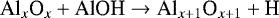 Mathematical equation: \begin{equation*}\centering{\textrm{Al}_{x}\textrm{O}_{x} + \textrm{AlOH} \rightarrow {\textrm{Al}}_{x+1}\textrm{O}_{x+1} + \textrm{H}}\end{equation*}