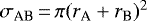 Mathematical equation: $\sigma_{\textrm{AB}}\,{=}\,\pi(r_{\textrm{A}}+r_{\textrm{B}})^2$