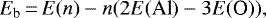 Mathematical equation: \begin{equation*}E_{\textrm{b}}\,{=}\,E(n)-n(2E(\textrm{Al})-3E(\textrm{O})),\end{equation*}