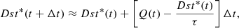 Mathematical equation: $$ \begin{aligned} Dst^*(t+\Delta t) \approx Dst^*(t) + \left[Q(t)-\frac{Dst^*(t)}{\tau }\right] \Delta t, \end{aligned} $$