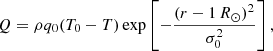 Mathematical equation: $$ \begin{aligned} Q = \rho q_0 (T_0 - T) \exp \left[ -\frac{(r-1\,{R_{\odot }})^2}{\sigma _0^2} \right], \end{aligned} $$