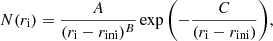 Mathematical equation: $$ \begin{aligned} N(r_{\rm i}) = \frac{A}{(r_{\rm i} - r_{\rm ini})^B} \exp {\left(-\frac{C}{(r_{\rm i} - r_{\rm ini})}\right)}, \end{aligned} $$