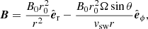 Mathematical equation: $$ \begin{aligned} \boldsymbol{B} = \frac{B_0 r_0^2}{r^2} {\hat{\boldsymbol{e}}_{\rm r}} - \frac{B_0 r_0^2 \Omega \sin {\theta }}{{ v}_{\rm sw} r} {\hat{\boldsymbol{e}}_\phi }, \end{aligned} $$