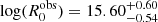 Mathematical equation: $ \log(R_{0}^{\mathrm{obs}}) = 15.60^{+0.60}_{-0.54} $
