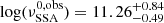 Mathematical equation: $ \log(\nu^{0,\rm obs}_{\mathrm{SSA}}) = 11.26^{+0.84}_{-0.49} $