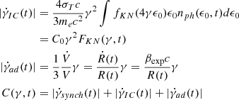 Mathematical equation: $$ \begin{aligned} |\dot{\gamma }_{IC}(t)|&=\frac{ 4\sigma _Tc}{3 m_ec^2} \gamma ^2 \int f_{KN}(4\gamma \epsilon _0)\epsilon _0 n_{ph}(\epsilon _0,t)d\epsilon _0\\&=C_0\gamma ^2F_{KN}(\gamma ,t)\nonumber \\ |\dot{\gamma }_{ad}(t)|&=\frac{1}{3}\frac{\dot{V}}{V}\gamma = \frac{\dot{R}(t)}{R(t)}\gamma = \frac{\beta _{\rm exp}c}{R(t)}\gamma \nonumber \\ C(\gamma ,t)&=|\dot{\gamma }_{synch}(t)|+|\dot{\gamma }_{IC}(t)| + |\dot{\gamma }_{ad}(t)| \nonumber \end{aligned} $$