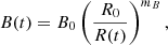 Mathematical equation: $$ \begin{aligned} B(t) = B_{0} \left(\frac{R_{0}}{R(t)}\right)^{m_B}, \end{aligned} $$