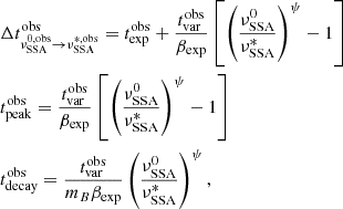 Mathematical equation: $$ \begin{aligned}&\Delta t^\mathrm{obs}_{\nu ^{0,\mathrm{obs}}_{\rm SSA} \rightarrow \nu ^\mathrm{*,obs}_{\rm SSA}} = t^\mathrm{obs}_{\rm exp} + \frac{t_{\rm var}^\mathrm{obs}}{\beta _{\rm exp}}\left[\left(\frac{\nu ^0_{\rm SSA}}{\nu ^*_{\rm SSA}}\right)^{\psi }-1\right]\\&t^\mathrm{obs}_{\rm peak} = \frac{t_{\rm var}^\mathrm{obs}}{\beta _{\rm exp}}\left[\left(\frac{\nu ^0_{\rm SSA}}{\nu ^*_{\rm SSA}}\right)^{\psi }-1\right]\nonumber \\&t^\mathrm{obs}_{\rm decay} = \frac{t_{\rm var}^\mathrm{obs}}{m_B\beta _{\rm exp}}\left(\frac{\nu ^0_{\rm SSA}}{\nu ^*_{\rm SSA}}\right)^{\psi },\nonumber \end{aligned} $$