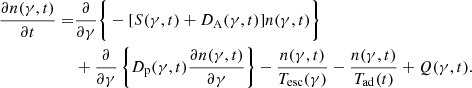 Mathematical equation: $$ \begin{aligned} \frac{\partial n(\gamma ,t)}{\partial t} =&\frac{\partial }{\partial \gamma }\bigg \{-[S(\gamma ,t) + D_{\rm A}(\gamma ,t)]n(\gamma ,t)\bigg \}\\&+\frac{\partial }{\partial \gamma }\left\{ D_{\rm p}(\gamma ,t) \frac{\partial n(\gamma ,t)}{\partial \gamma }\right\} -\frac{n(\gamma ,t)}{T_{\rm esc}(\gamma )}-\frac{n(\gamma ,t)}{T_{\rm ad}(t)} + Q(\gamma ,t).\nonumber \end{aligned} $$