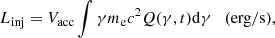 Mathematical equation: $$ \begin{aligned} L_{\rm inj} = V_{\rm acc} \int \gamma m_{\rm e} c^2 Q(\gamma ,t)\mathrm{d}\gamma \quad \mathrm{(erg/s)}, \end{aligned} $$