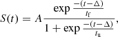 Mathematical equation: $$ \begin{aligned} S(t)=A \frac{ \exp \frac{-(t-\Delta )}{t_{\rm f}}}{1+\exp \frac{-(t-\Delta )}{t_{\rm u}}}, \end{aligned} $$