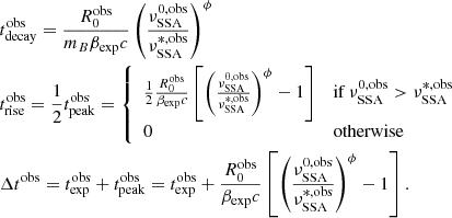 Mathematical equation: $$ \begin{aligned}&t^\mathrm{obs}_{\rm decay} = \frac{R_{0}^\mathrm{obs}}{m_B\beta _{\rm exp}c}\left(\frac{\nu ^{0,\mathrm {obs}}_{\rm SSA}}{\nu ^{*,\mathrm {obs}}_{\rm SSA}}\right)^{\phi } \\&t^\mathrm{obs}_{\rm rise} = \frac{1}{2}t^\mathrm{obs}_{\rm peak} = \left\{ \begin{array}{ll} \frac{1}{2} \frac{R_{0}^\mathrm{obs}}{\beta _{\rm exp}c} \left[\left(\frac{\nu ^{0,\mathrm {obs}}_{\rm SSA}}{\nu ^{*,\mathrm {obs}}_{\rm SSA}}\right)^{\phi }-1\right]&\mathrm{if}\,\nu ^{0,\mathrm {obs}}_{\rm SSA} > \nu ^{*,\mathrm {obs}}_{\rm SSA} \\ 0&\mathrm{otherwise}\end{array}\right.\nonumber \\&\Delta t^\mathrm{obs} = t^\mathrm{obs}_{\rm exp}+t^\mathrm{obs}_{\rm peak} = t^\mathrm{obs}_{\rm exp}+ \frac{R_{0}^\mathrm{obs}}{\beta _{\rm exp}c} \left[\left(\frac{\nu ^{0,\mathrm {obs}}_{\rm SSA}}{\nu ^{*,\mathrm {obs}}_{\rm SSA}}\right)^{\phi }-1\right].\nonumber \end{aligned} $$