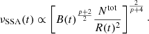 Mathematical equation: $$ \begin{aligned} \nu _{\rm SSA}(t) \propto \left[B(t)^{\frac{p+2}{2}}\frac{N^\mathrm{tot}}{R(t)^2}\right]^{\frac{2}{p+4}}\cdot \end{aligned} $$