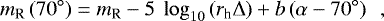Mathematical equation: \begin{eqnarray*} m_{\textrm{R}} \left(70{}^{\circ} \right)=m_{\textrm{R}} - 5~\log_{10} \left(r_{\textrm{h}} \Delta \right)+ b \left(\alpha-70{}^{\circ} \right)~~,\end{eqnarray*}