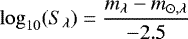 Mathematical equation: \begin{equation*}\log_{10}(S_{\lambda}) = \frac{m_{\lambda} - m_{\odot,\lambda}}{-2.5}~~ \end{equation*}