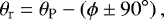Mathematical equation: \begin{equation*}\theta_{\textrm{r}} = \theta_{\textrm{P}} - \left(\phi \pm 90{}^{\circ} \right), \end{equation*}