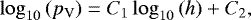 Mathematical equation: \begin{equation*}\log_{10} \left(p_{\textrm{V}} \right) = C_1 \log_{10} \left(h \right) + C_2, \end{equation*}
