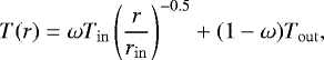 Mathematical equation: \begin{equation*} T(r) = \omega T_{\mathrm{in}}\left(\frac{r}{r_{\mathrm{in}}}\right)^{-0.5}+(1-\omega)T_{\mathrm{out}},\end{equation*}