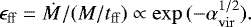 Mathematical equation: \begin{equation*} \epsilon_{\mathrm{ff}} = \dot{M}/(M/t_{\mathrm{ff}})\propto \mathrm{exp}\,(-\alpha_{\mathrm{vir}}^{1/2}).\end{equation*}