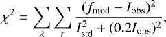 Mathematical equation: \begin{equation*} \chi^{2} = \sum_{\lambda}\sum_{r}\frac{(f_{\mathrm{mod}}-I_{\mathrm{obs}})^{2}}{I_{\mathrm{std}}^{2}+(0.2I_{\mathrm{obs}})^{2}} ,\end{equation*}