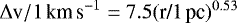 Mathematical equation: $\Delta {\textrm{v}}/1\,\textrm{km\,s}^{-1} = 7.5 (\textrm{r/1\,pc})^{0.53}$