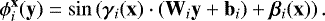 Mathematical equation: \begin{equation*} \phi_i^{\mathbf{x}}(\mathbf{y}) = \sin \left(\boldsymbol{\gamma}_i(\mathbf{x}) \cdot \left(\mathbf{W}_i \mathbf{y} + \mathbf{b}_i \right) + \boldsymbol{\beta}_i(\mathbf{x}) \right).\end{equation*}