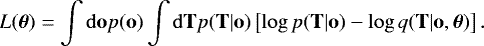 Mathematical equation: \begin{equation*} L(\boldsymbol{\theta})= \int \mathrm{d}\mathbf{o} p(\mathbf{o}) \int \mathrm{d}\mathbf{T} p(\mathbf{T}|\mathbf{o}) \left[ \log p(\mathbf{T}|\mathbf{o}) - \log q(\mathbf{T}|\mathbf{o},\boldsymbol{\theta}) \right]. \end{equation*}
