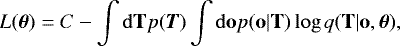Mathematical equation: \begin{equation*} L(\boldsymbol{\theta})= C -\int \mathrm{d}\mathbf{T} p(\boldsymbol{T}) \int \mathrm{d}\mathbf{o} p(\mathbf{o}|\mathbf{T}) \log q(\mathbf{T}|\mathbf{o},\boldsymbol{\theta}), \end{equation*}