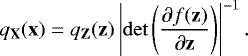 Mathematical equation: \begin{equation*} q_{\mathbf{X}}(\mathbf{x}) = q_{\mathbf{Z}}(\mathbf{z}) \left| \mathrm{det} \left(\frac{\partial f(\mathbf{z})}{\partial \mathbf{z}} \right) \right|^{-1}. \end{equation*}