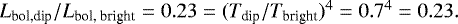 Mathematical equation: $L_{\textrm{bol,dip}}/L_{\textrm{bol, bright}}=0.23=(T_{\textrm{dip}}/T_{\textrm{bright}}){}^4=0.7^4=0.23.$