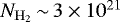 Mathematical equation: $N_{\mathrm{H}_{2}} \,{\sim}\, 3 \times 10^{21}\,$