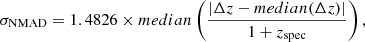 Mathematical equation: $$ \begin{aligned} \sigma _{\rm NMAD}=1.4826\times median \left( \frac{|\Delta z-median(\Delta z)|}{1+z_{\rm spec}}\right) ,\end{aligned} $$